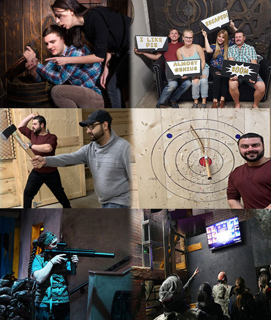Collage of escape room, axe throwing, and laser tag activities with groups of people having fun.