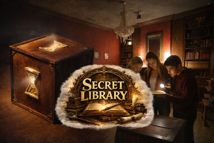 Three people in a library, inspecting a glowing book with a 'Secret Library' sign in front.