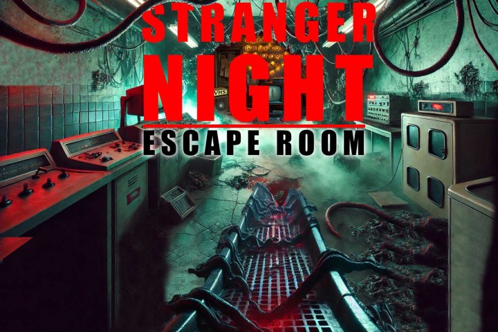 Spooky escape room with red text 'Stranger Night'. Alien vines and machinery in dim lighting.