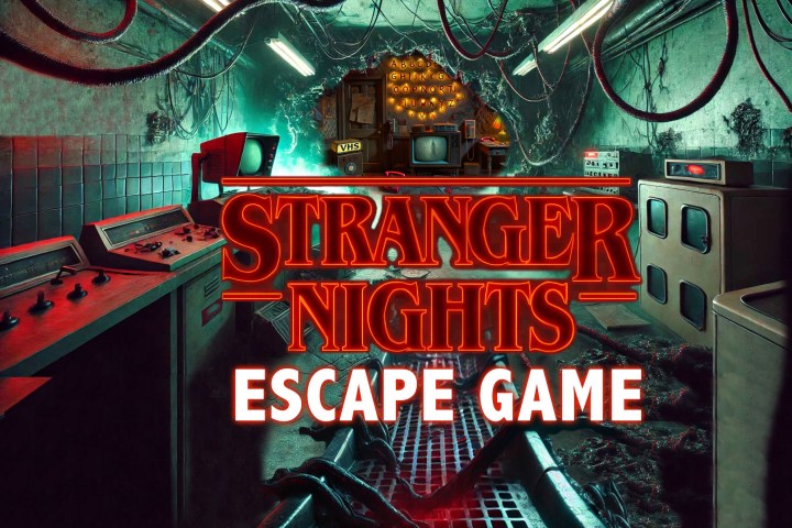 Dark room with vintage electronics, tangled wires, and 'Stranger Nights Escape Game' text overlay.