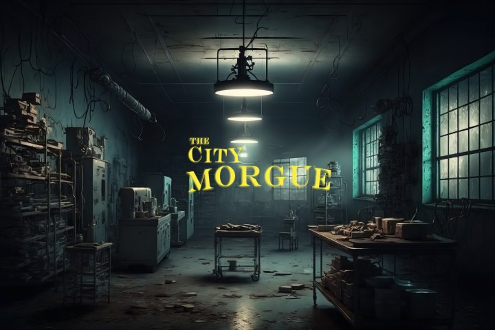 Dimly lit morgue room with tables and equipment, text 'The City Morgue' in yellow.