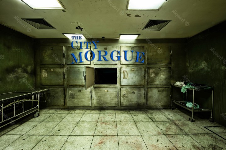 Interior of a morgue with metal storage units, a cart, and tiled floor.