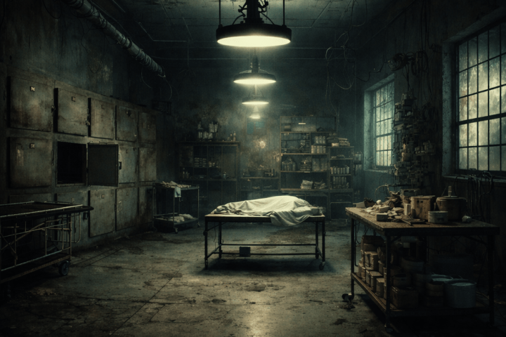 Dimly lit, cluttered workshop with a covered object on a table in the center