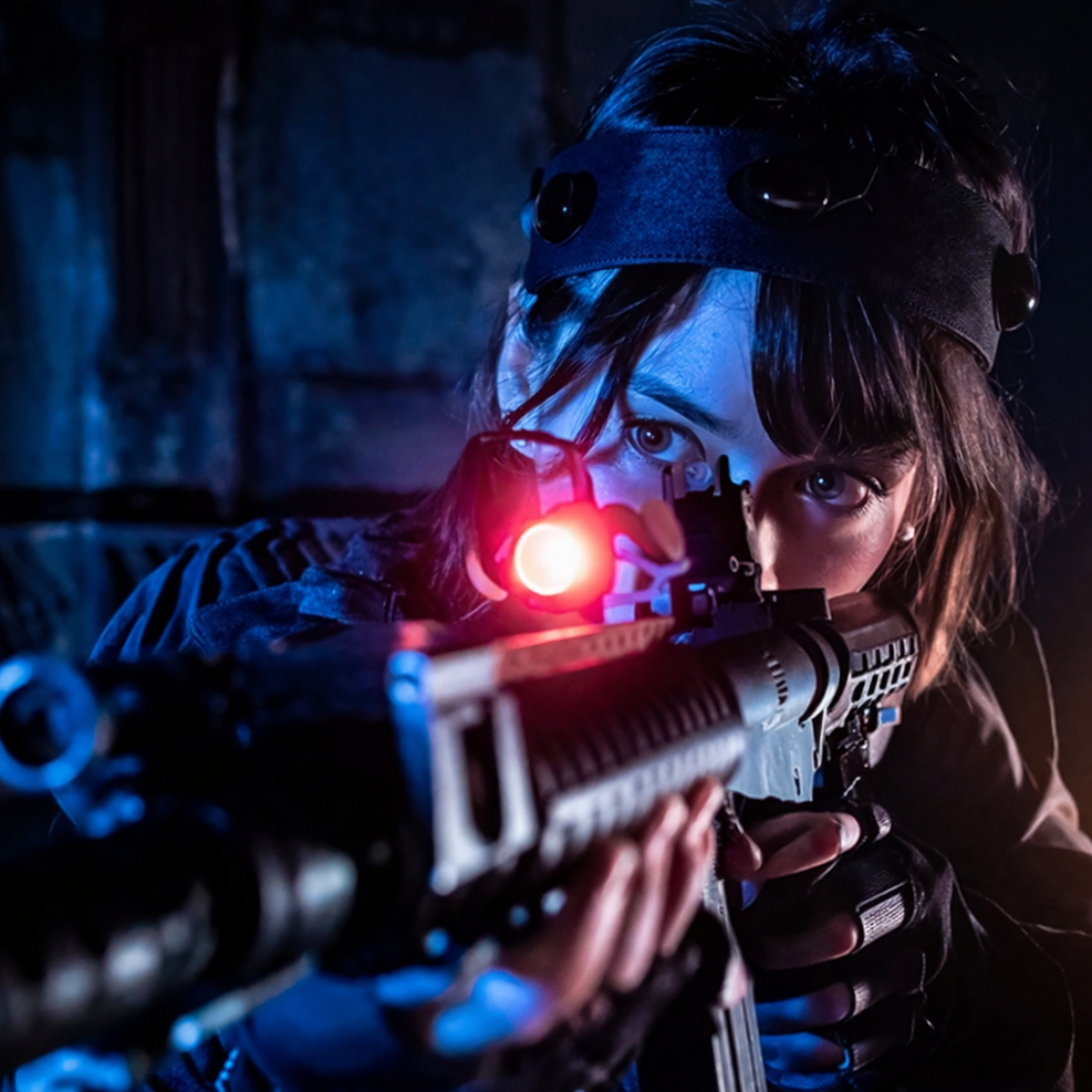 Person aiming a rifle with a red laser sight in a dimly lit room.