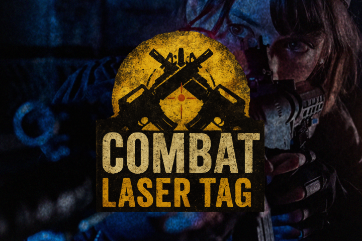 Person holding a laser tag gun behind Combat Laser Tag logo.