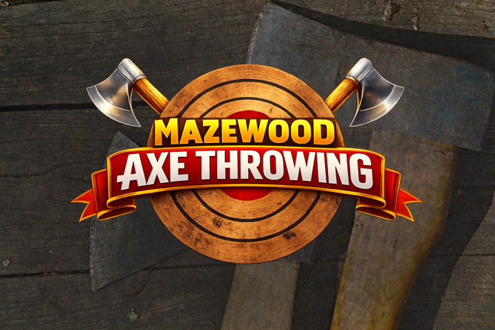 Logo with axes on a wooden background, text: Mazewood Axe Throwing.
